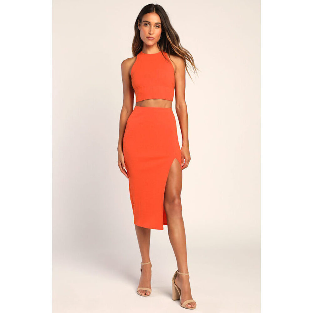Lulus Absolute Edge Orange Sleeveless Two-piece Bodycon Midi Dress - Size Medium